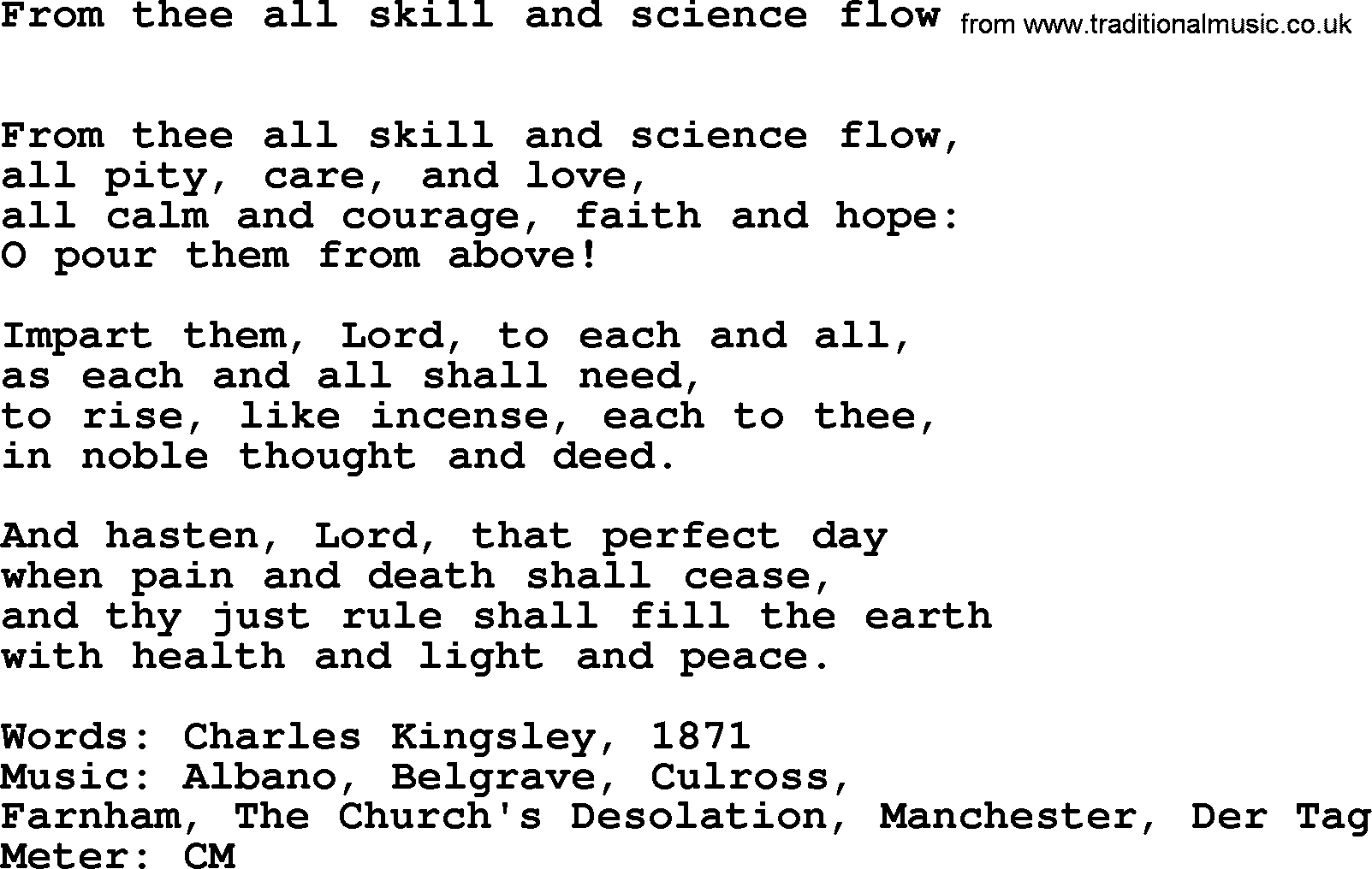 Hymns Ancient and Modern Hymn: From Thee All Skill And Science Flow, lyrics with midi music