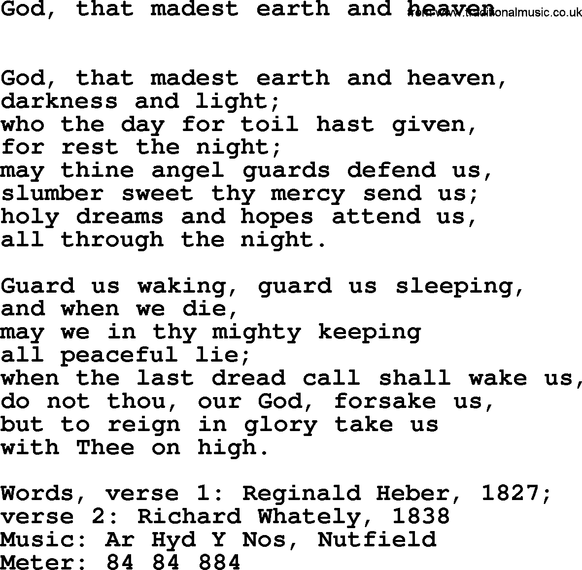 Hymns Ancient and Modern Hymn: God, That Madest Earth And Heaven, lyrics with midi music