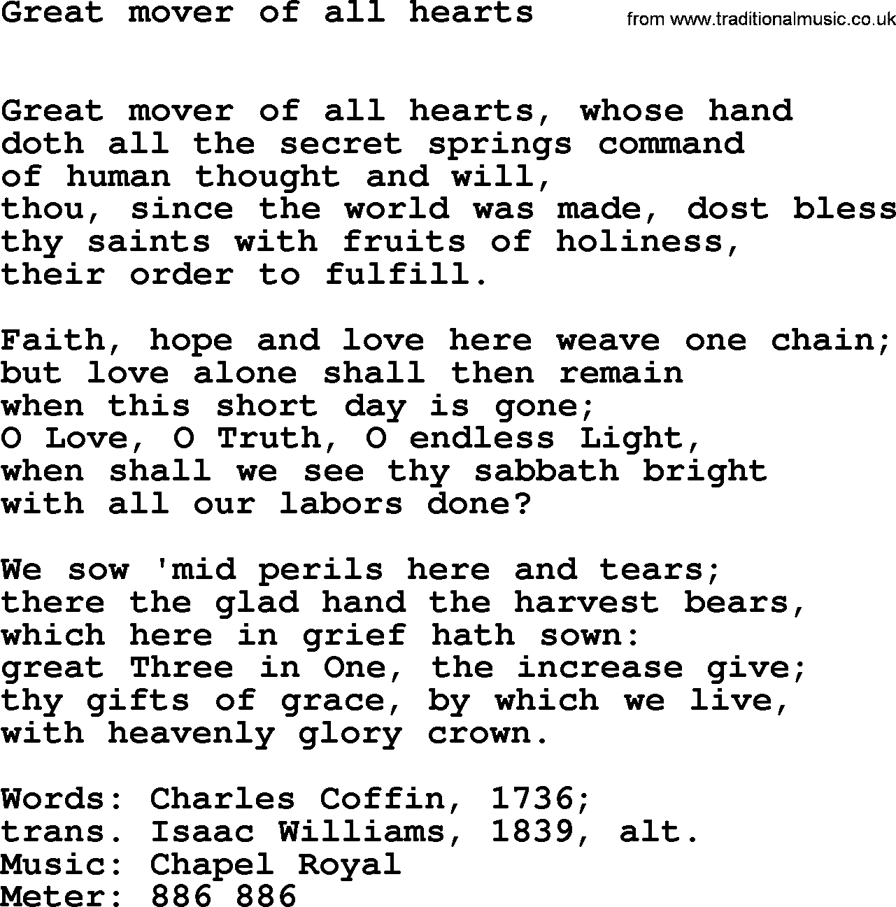 Hymns Ancient and Modern Hymn: Great Mover Of All Hearts, lyrics with midi music