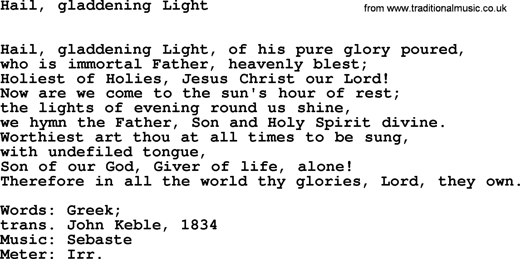 Hymns Ancient and Modern Hymn: Hail, Gladdening Light, lyrics with midi music