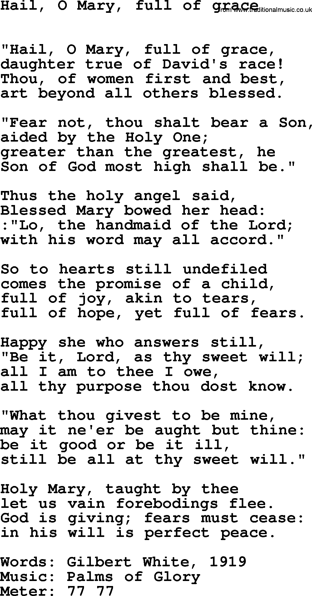 Hymns Ancient and Modern Hymn: Hail, O Mary, Full Of Grace, lyrics with midi music