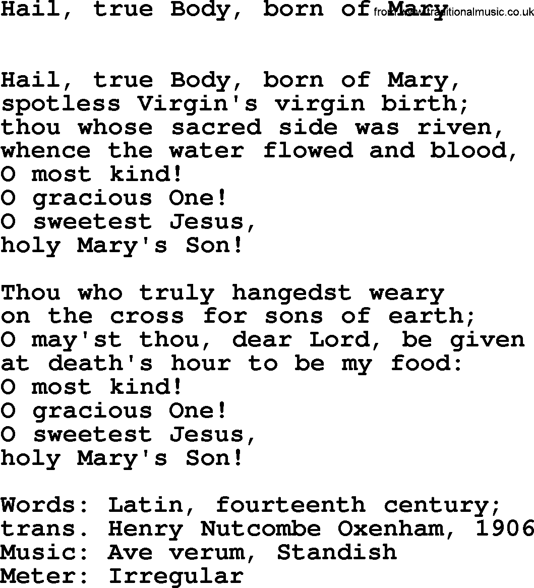 Hymns Ancient and Modern Hymn: Hail, True Body, Born Of Mary, lyrics with midi music