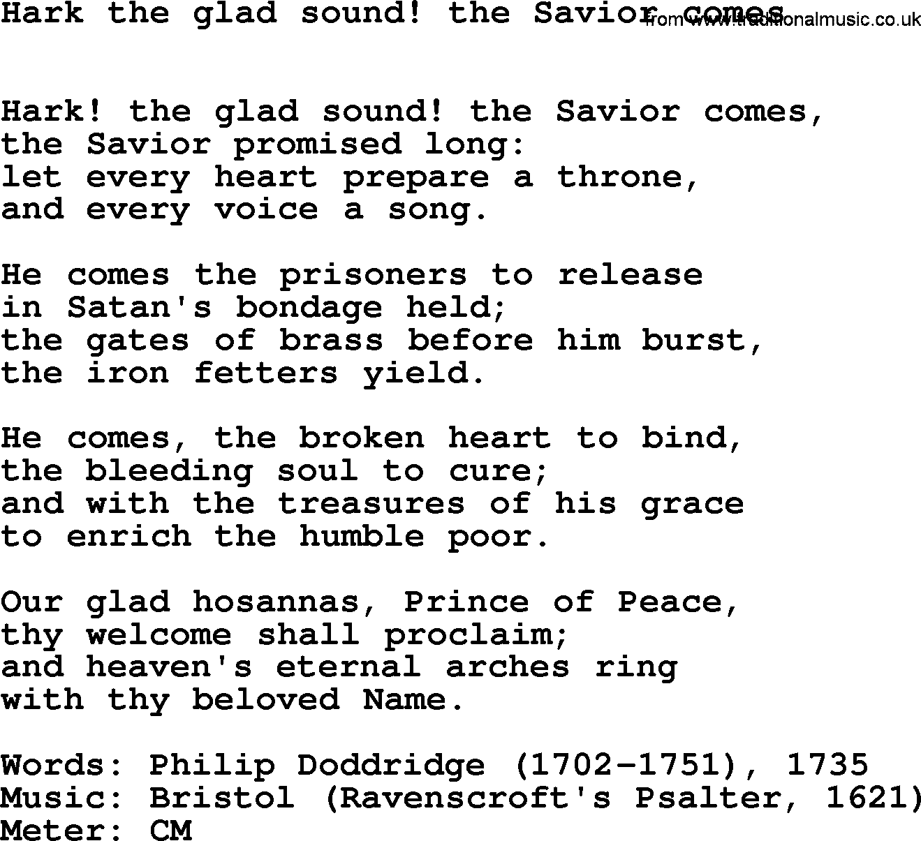 Hymns Ancient and Modern Hymn: Hark The Glad Sound! The Savior Comes, lyrics with midi music