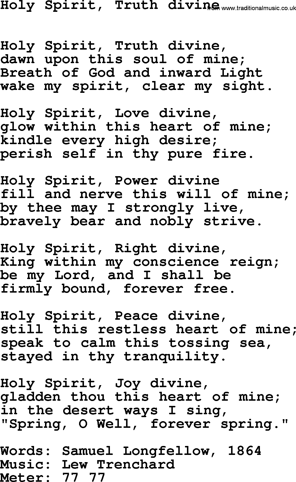 Hymns Ancient and Modern Hymn: Holy Spirit, Truth Divine, lyrics with midi music