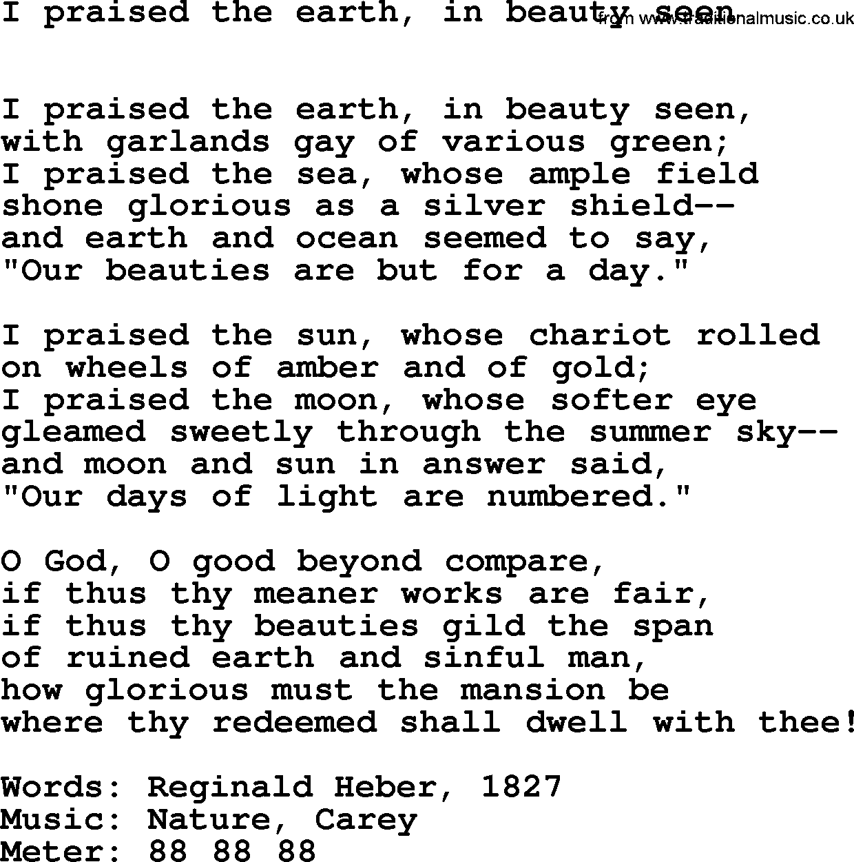 Hymns Ancient and Modern Hymn: I Praised The Earth, In Beauty Seen, lyrics with midi music