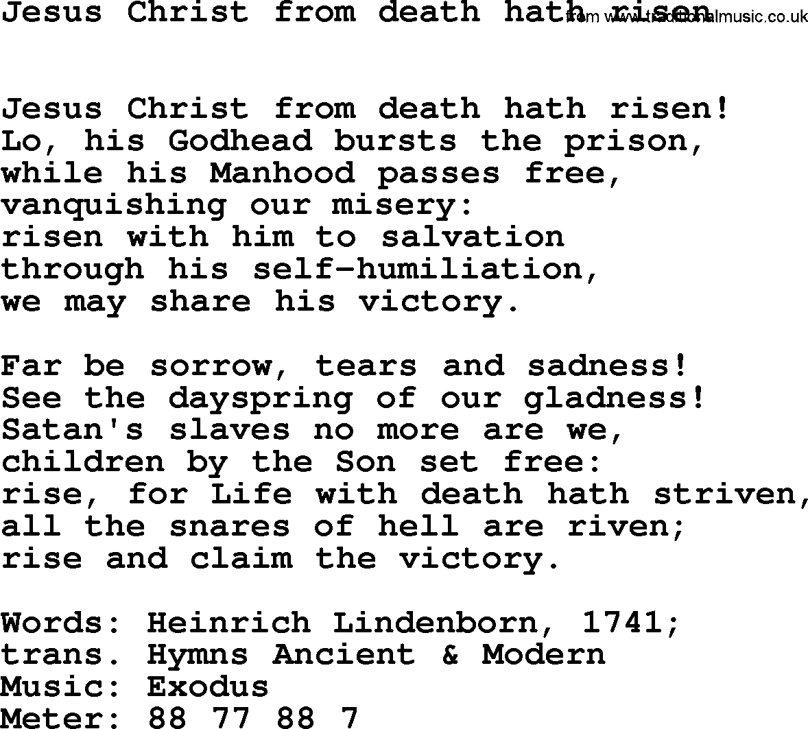 Hymns Ancient and Modern Hymn: Jesus Christ From Death Hath Risen, lyrics with midi music