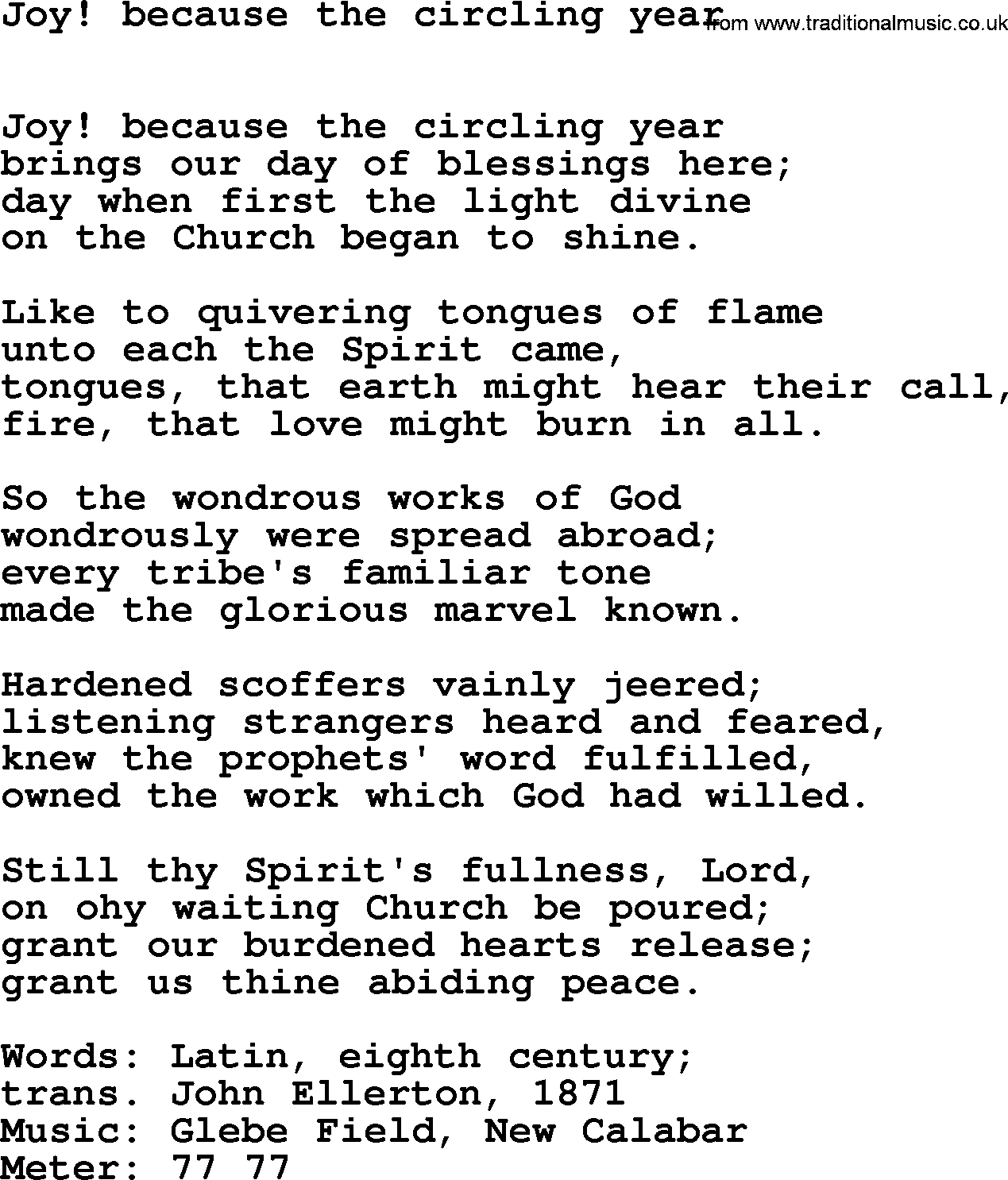 Hymns Ancient and Modern Hymn: Joy! Because The Circling Year, lyrics with midi music