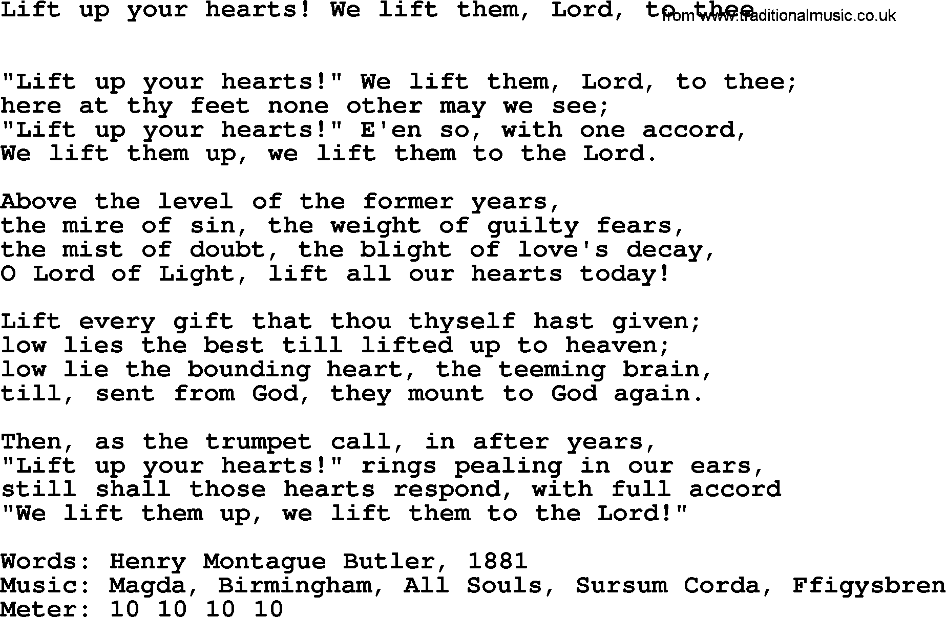 Hymns Ancient and Modern Hymn: Lift Up Your Hearts! We Lift Them, Lord, To Thee, lyrics with midi music