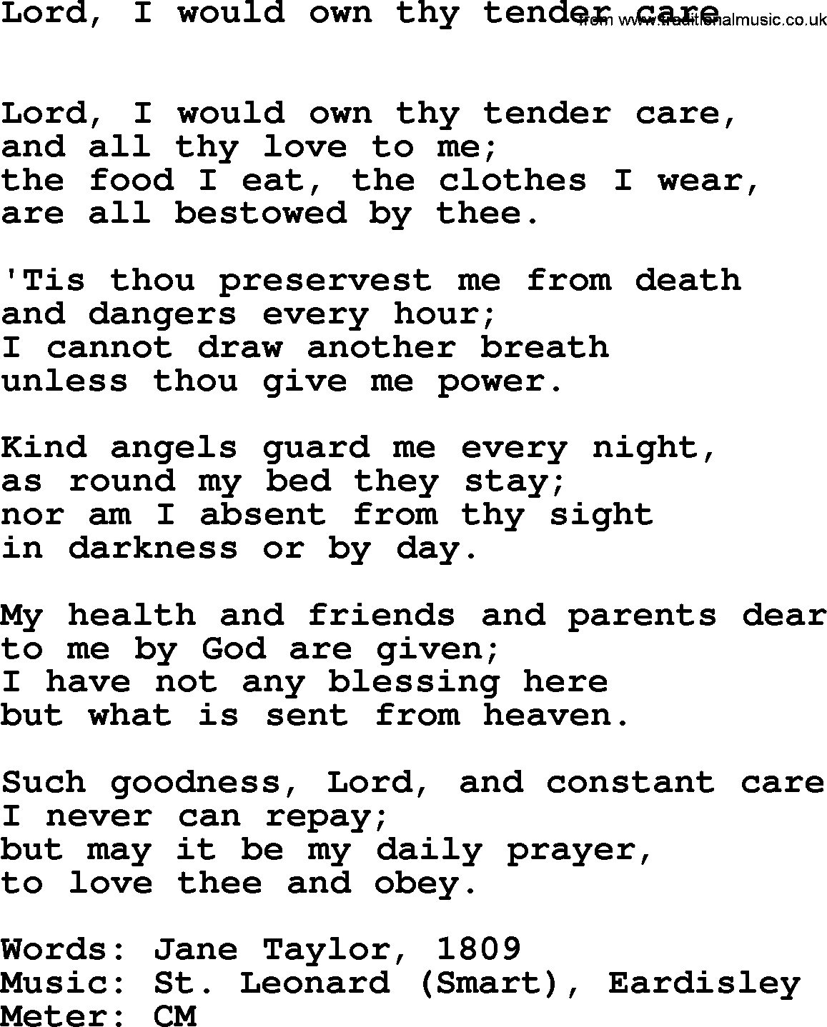 Hymns Ancient and Modern Hymn: Lord, I Would Own Thy Tender Care, lyrics with midi music