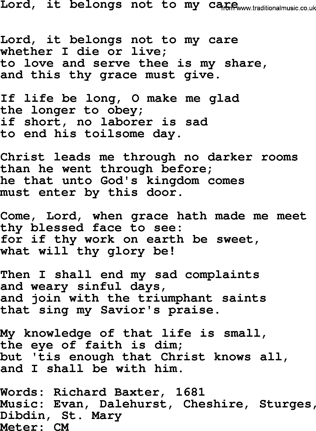 Hymns Ancient and Modern Hymn: Lord, It Belongs Not To My Care, lyrics with midi music