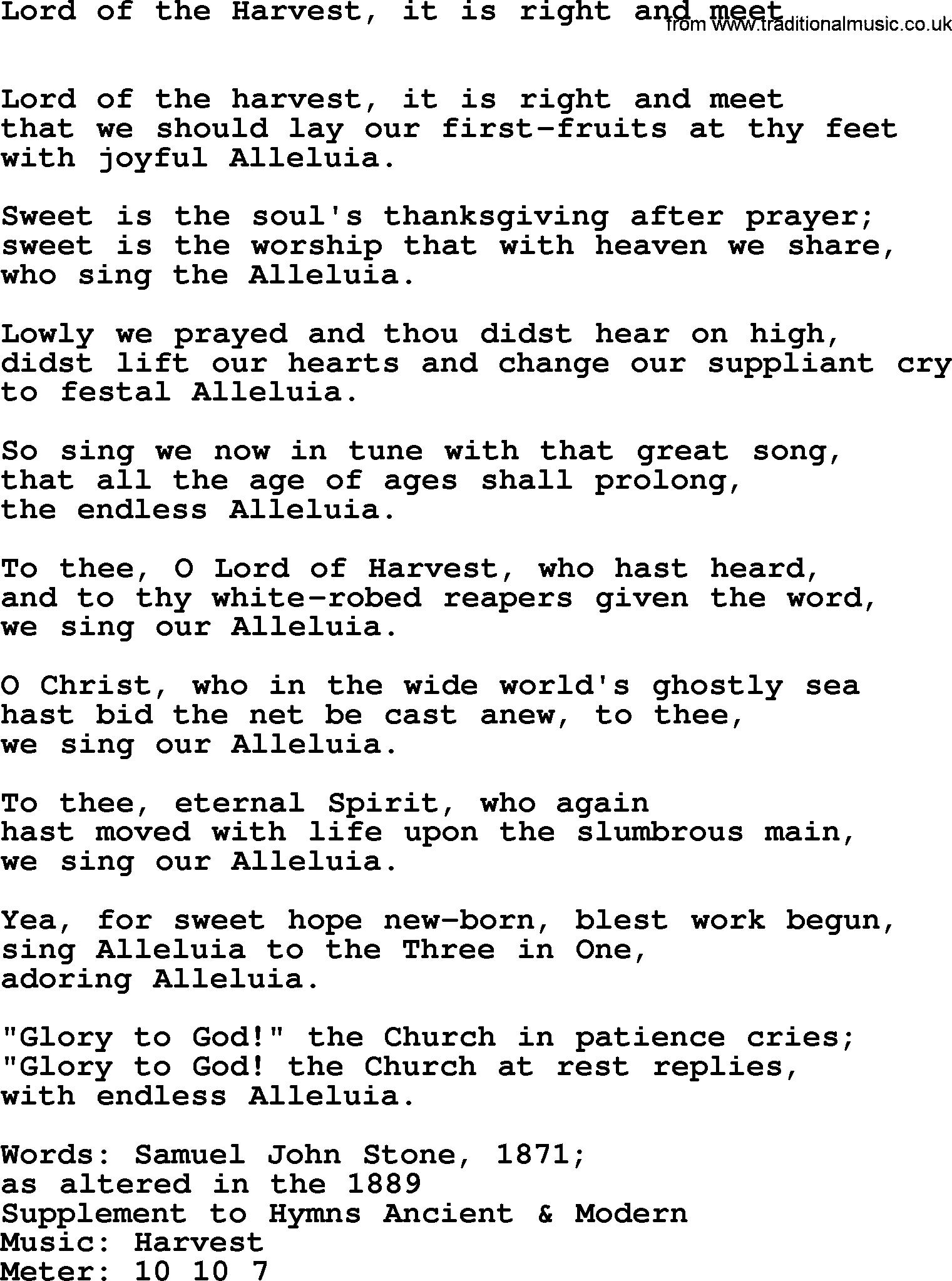 Hymns Ancient and Modern Hymn: Lord Of The Harvest, It Is Right And Meet, lyrics with midi music