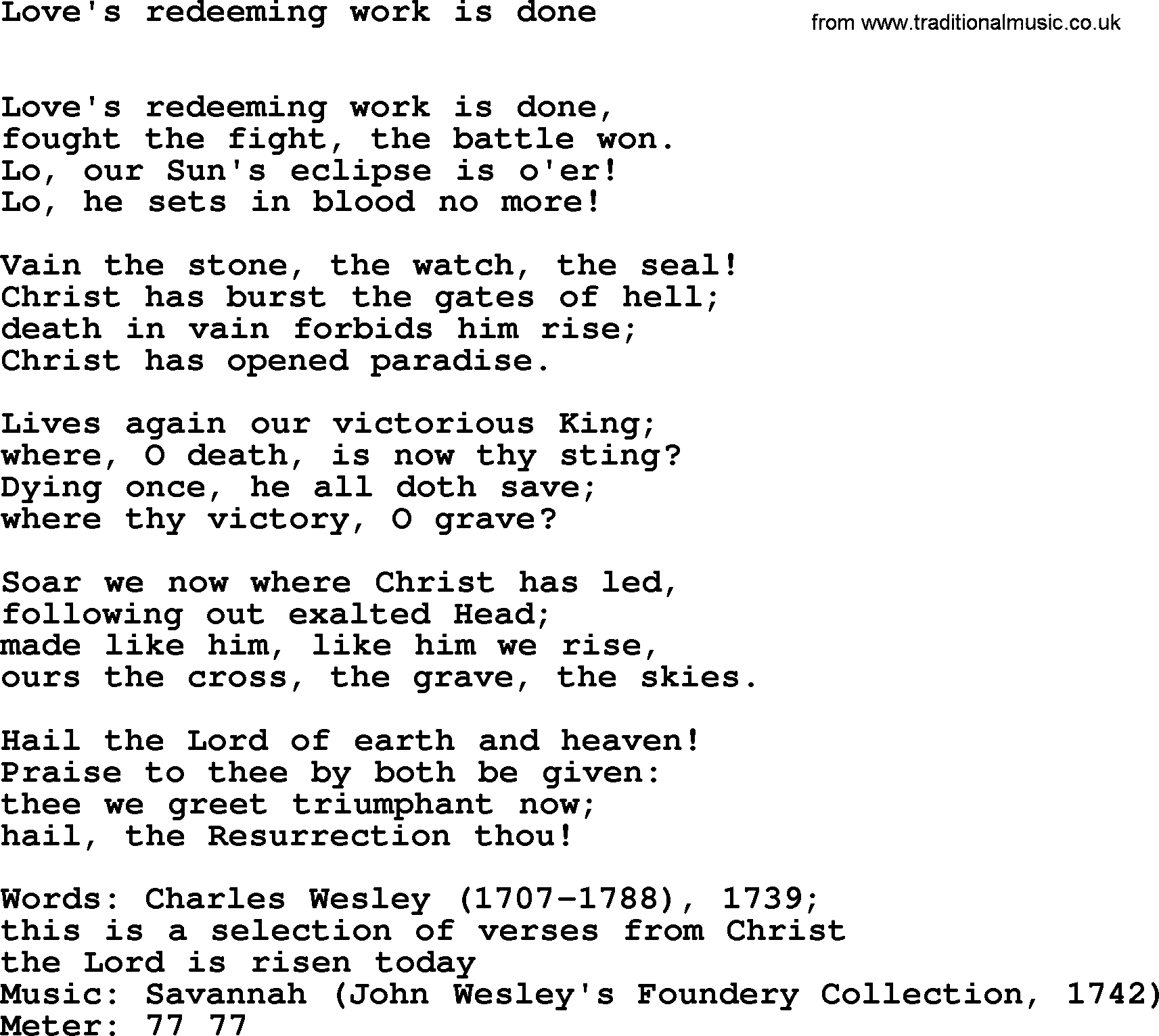 Hymns Ancient and Modern Hymn: Love's Redeeming Work Is Done, lyrics with midi music