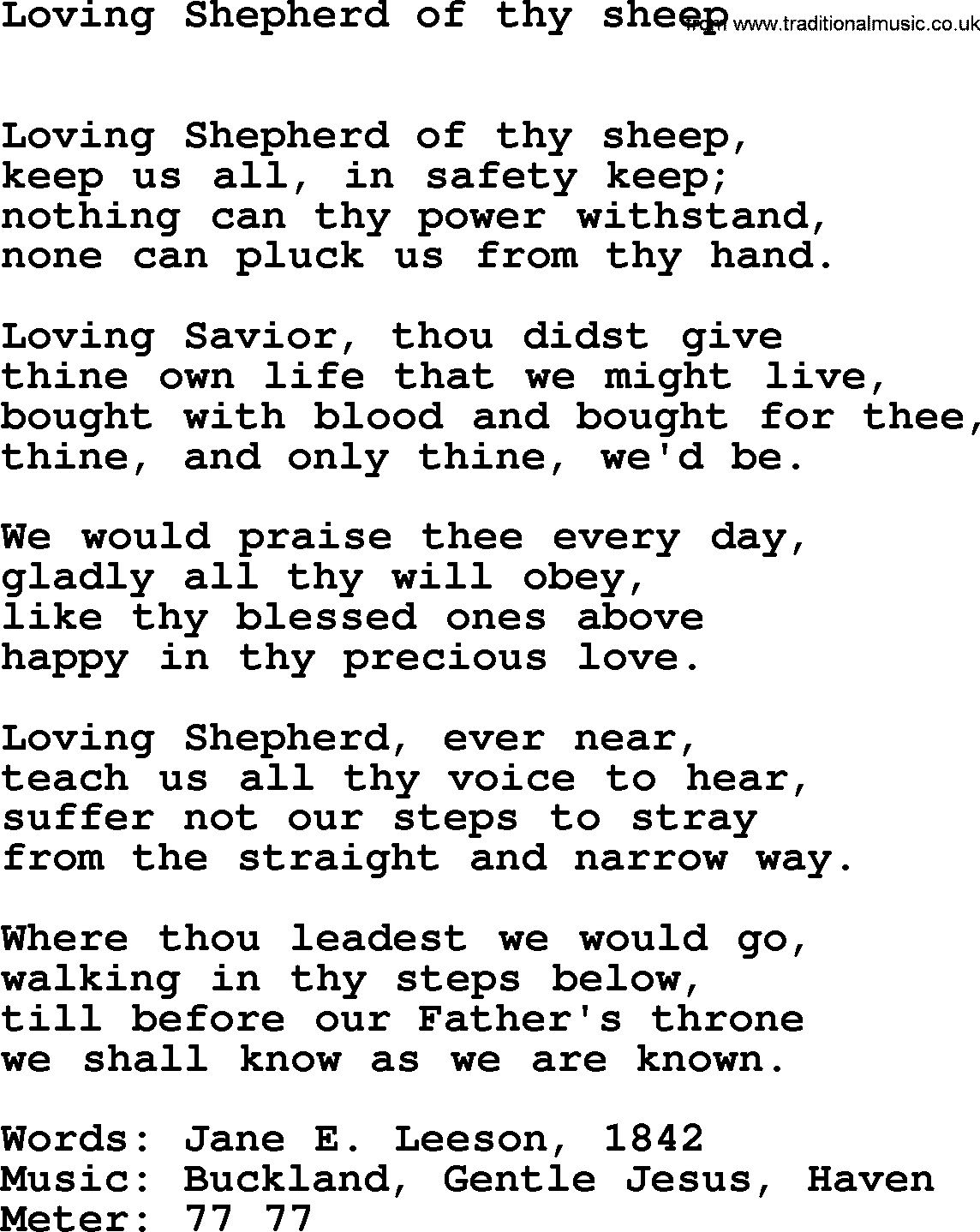 Hymns Ancient and Modern Hymn: Loving Shepherd Of Thy Sheep, lyrics with midi music