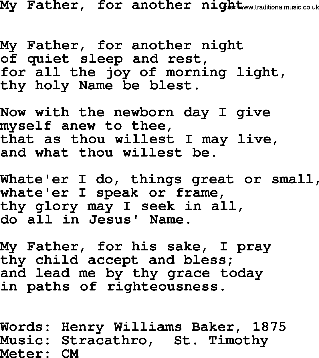 Hymns Ancient and Modern Hymn: My Father, For Another Night, lyrics with midi music