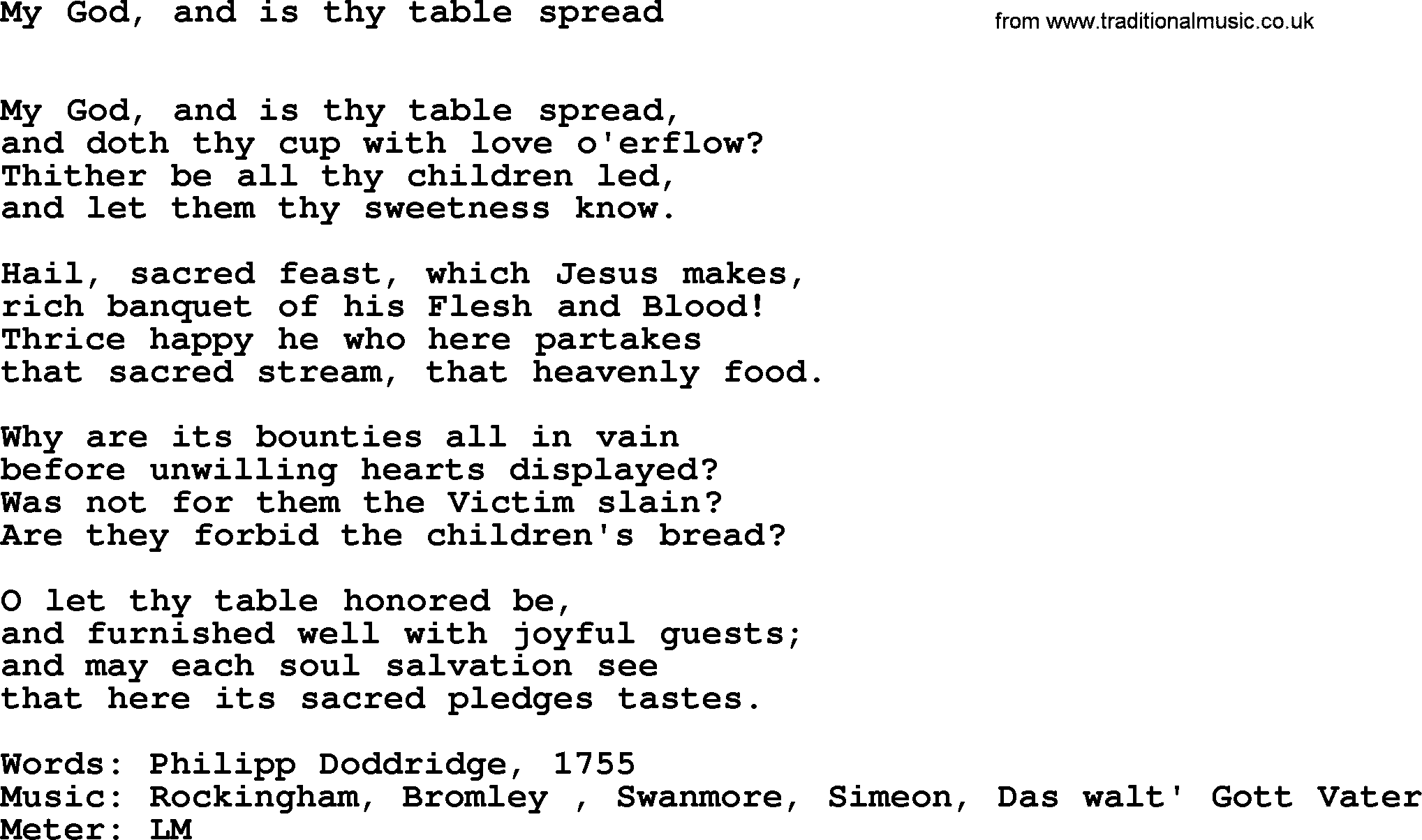Hymns Ancient and Modern Hymn: My God, And Is Thy Table Spread, lyrics with midi music