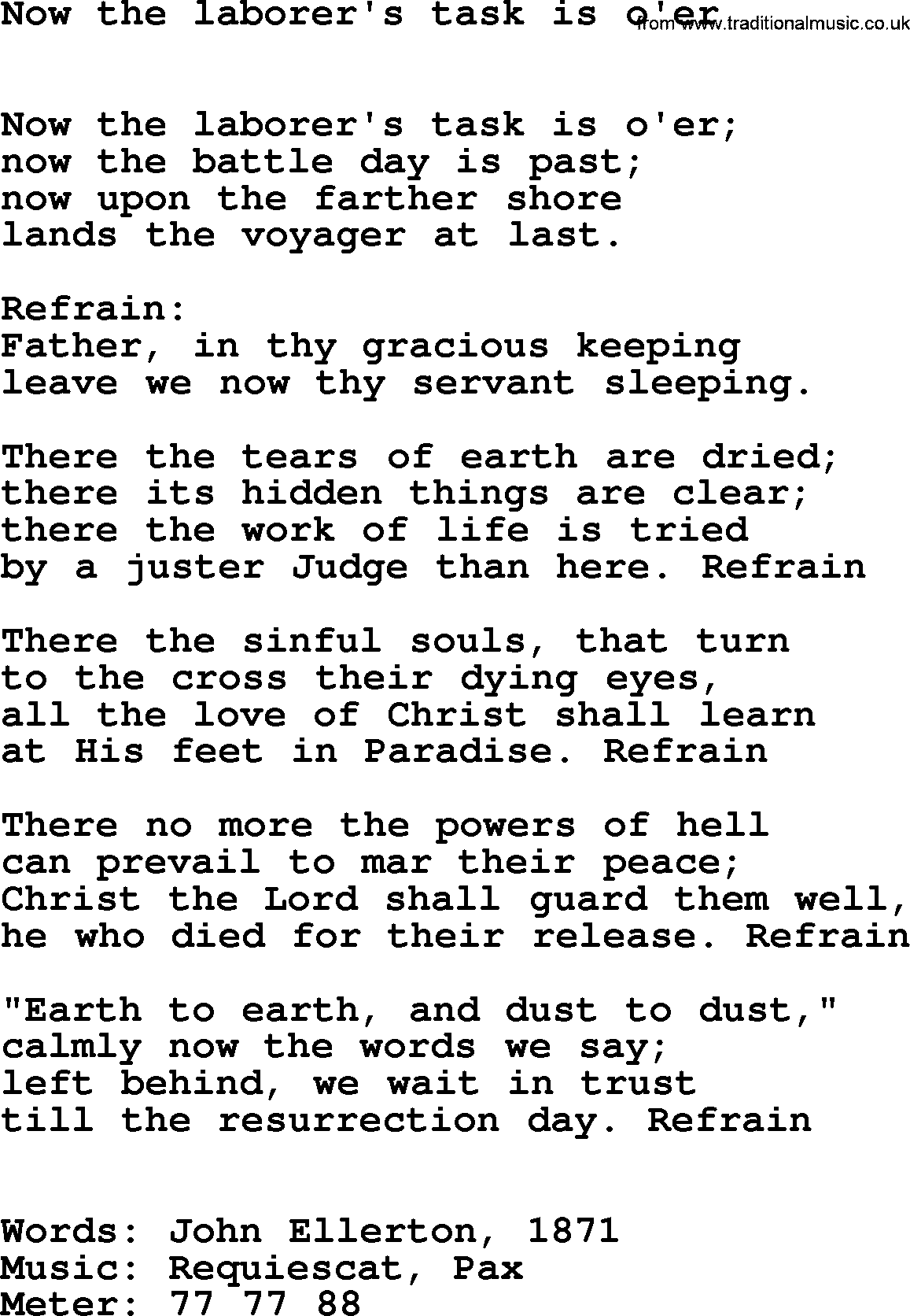 Hymns Ancient and Modern Hymn: Now The Laborer's Task Is O'er, lyrics with midi music