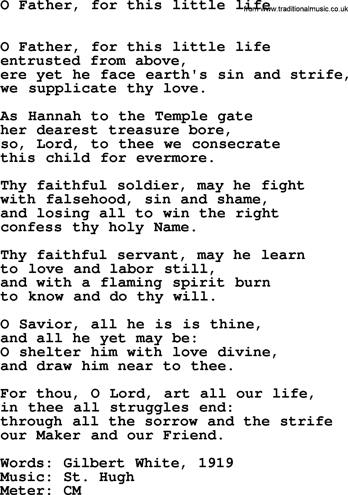 Hymns Ancient and Modern Hymn: O Father, For This Little Life, lyrics with midi music