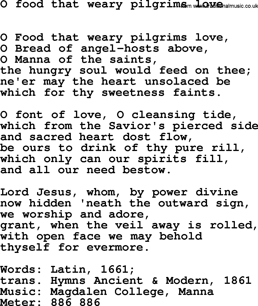 Hymns Ancient and Modern Hymn: O Food That Weary Pilgrims Love, lyrics with midi music
