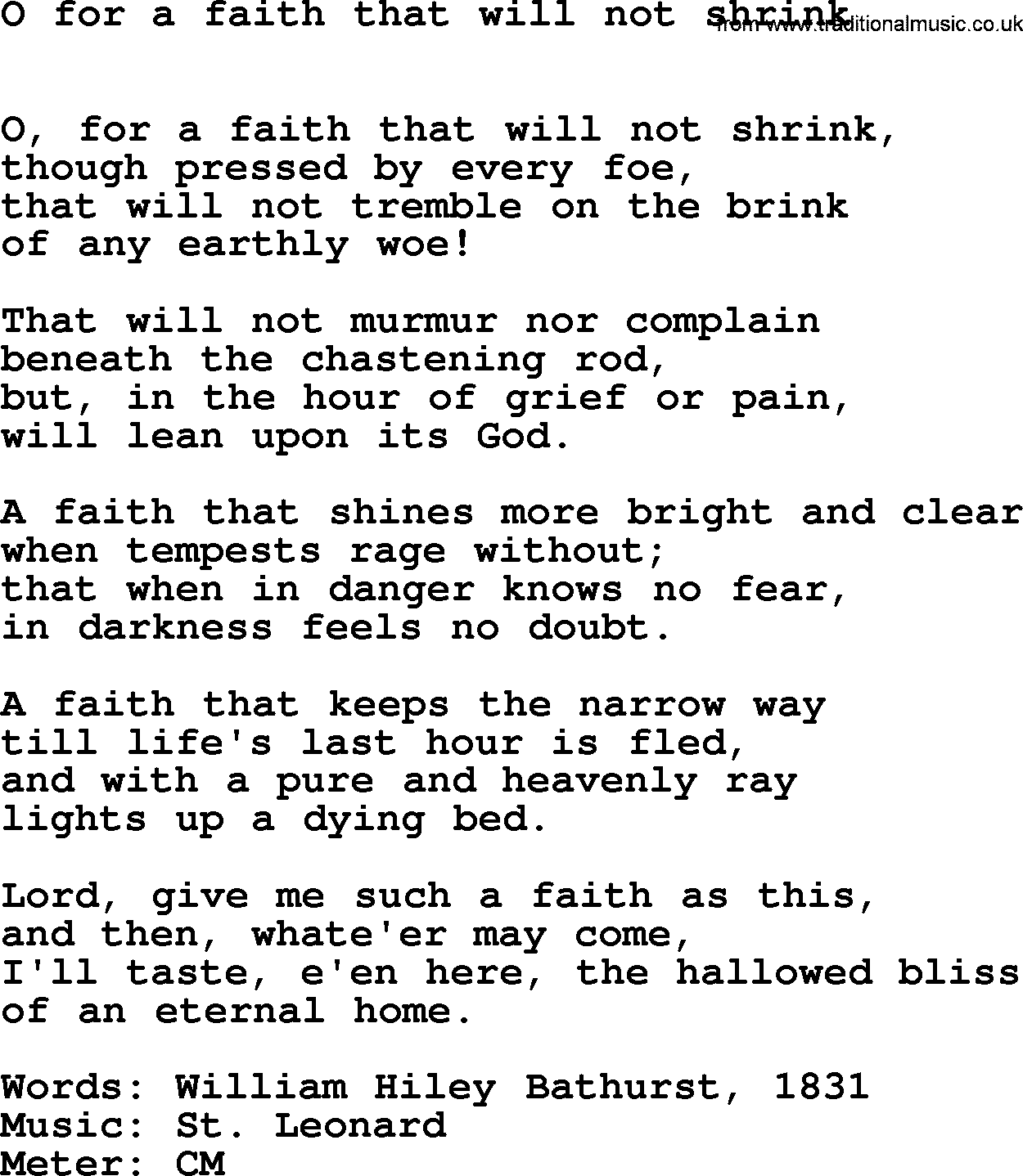 Hymns Ancient and Modern Hymn: O For A Faith That Will Not Shrink, lyrics with midi music