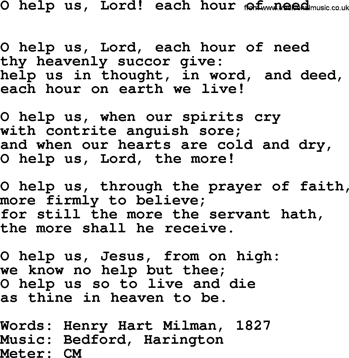 Hymns Ancient and Modern Hymn: O Help Us, Lord! Each Hour Of Need, lyrics with midi music