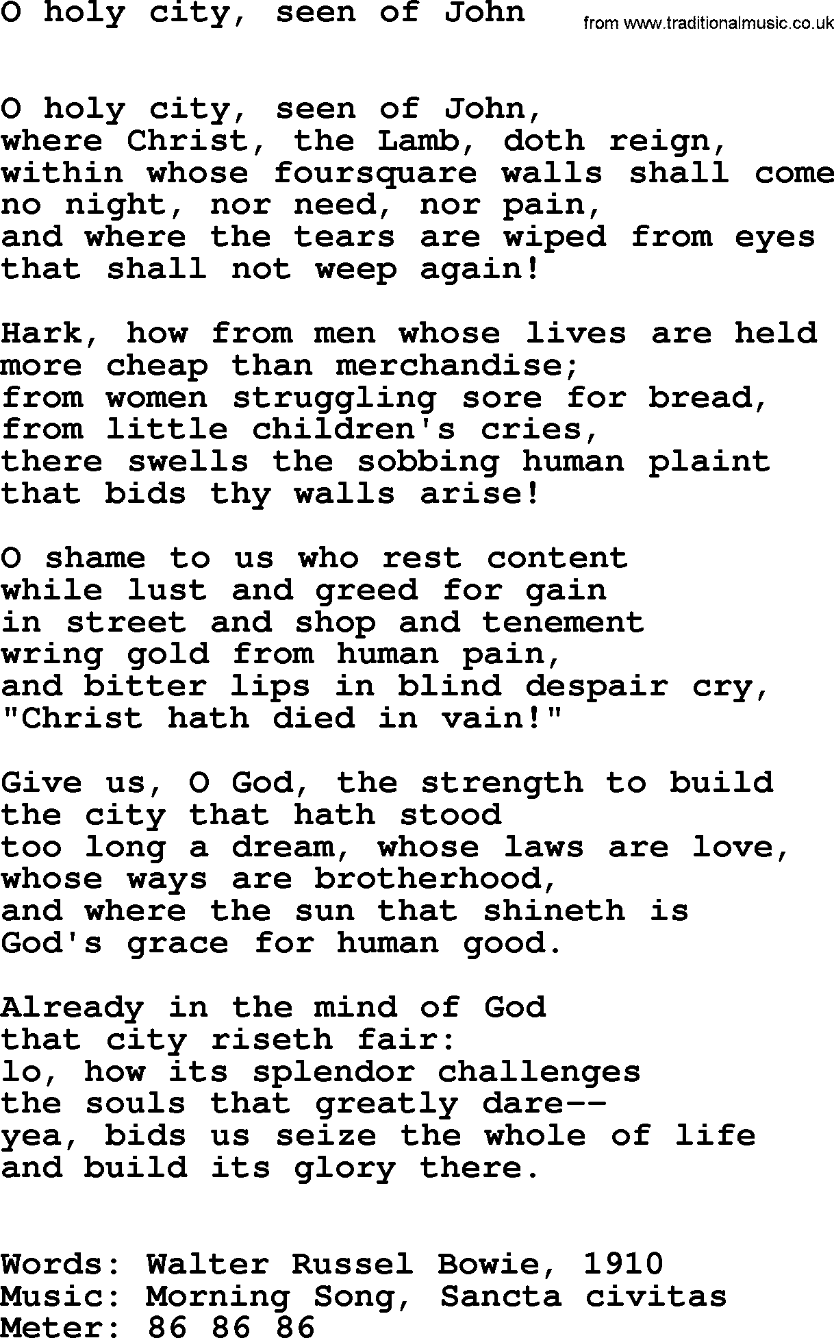 Hymns Ancient and Modern Hymn: O Holy City, Seen Of John, lyrics with midi music