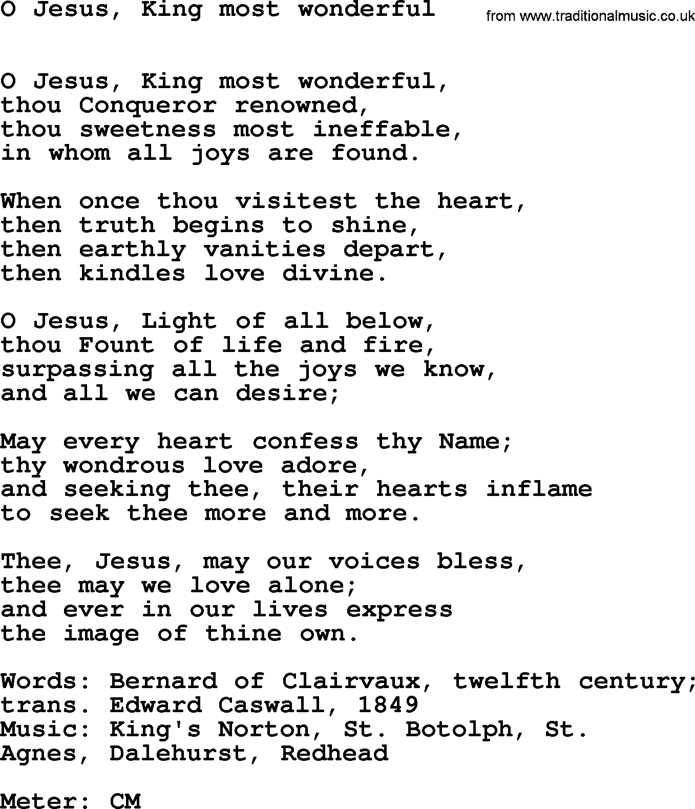 Hymns Ancient and Modern Hymn: O Jesus, King Most Wonderful, lyrics with midi music