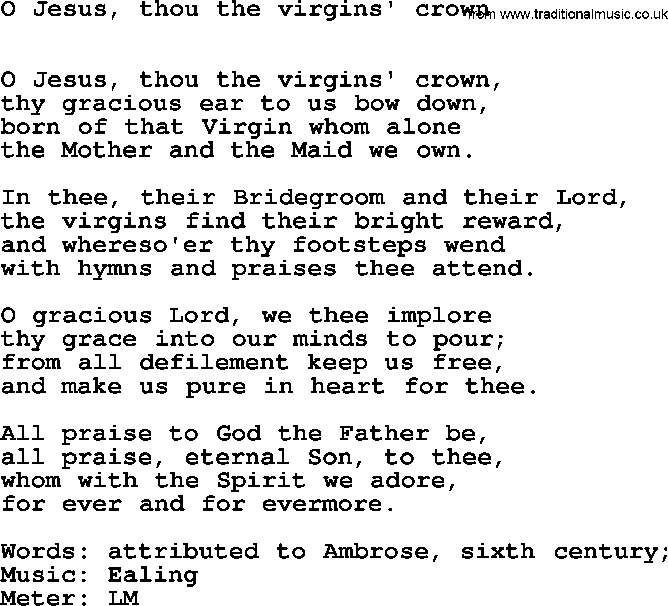 Hymns Ancient and Modern Hymn: O Jesus, Thou The Virgins' Crown, lyrics with midi music