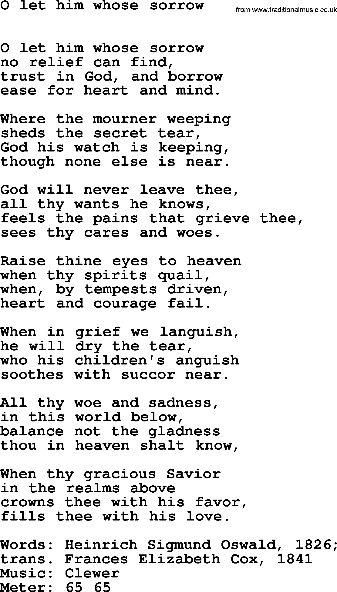 Hymns Ancient and Modern Hymn: O Let Him Whose Sorrow, lyrics with midi music