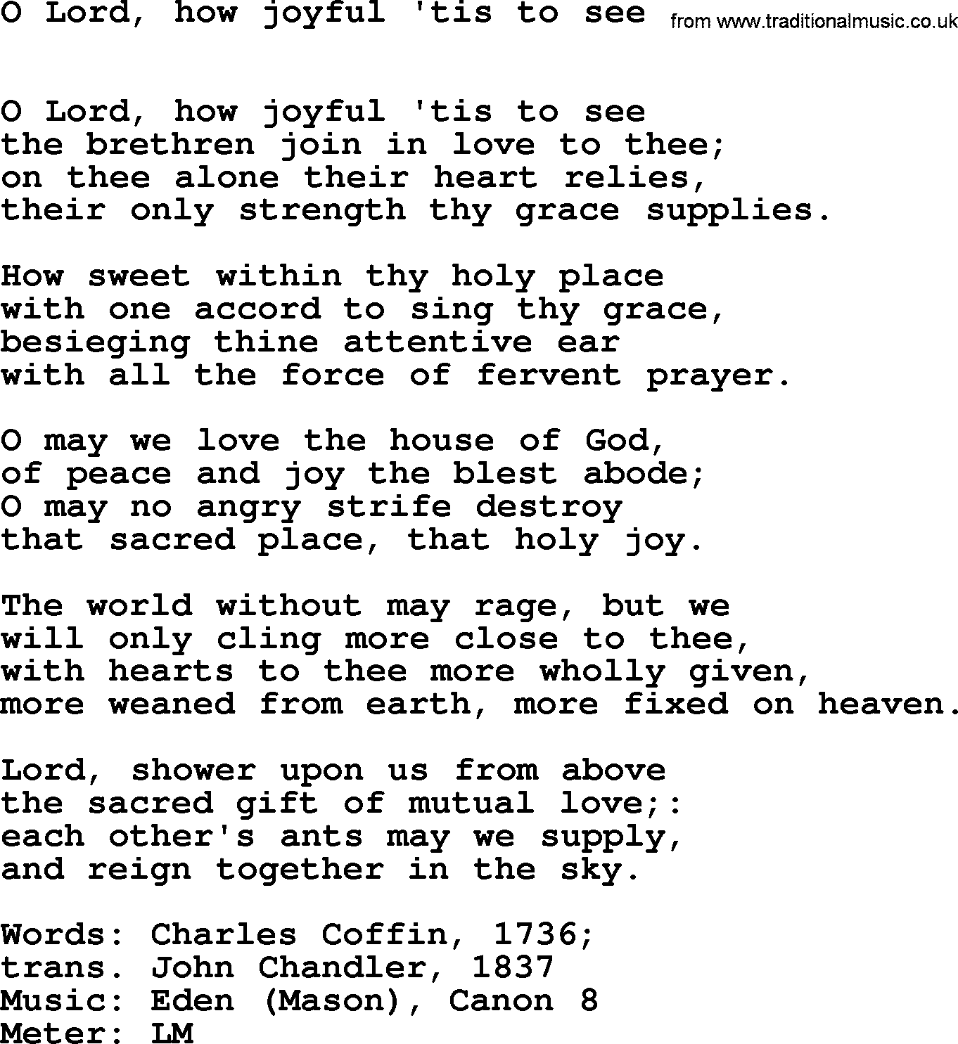 Hymns Ancient and Modern Hymn: O Lord, How Joyful 'tis To See, lyrics with midi music