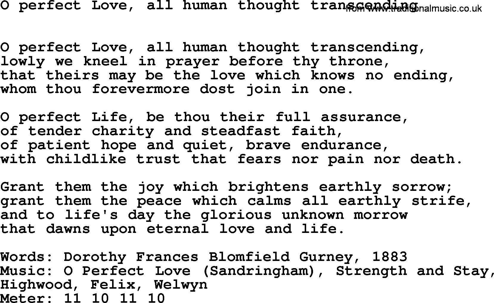 Hymns Ancient and Modern Hymn: O Perfect Love, All Human Thought Transcending, lyrics with midi music