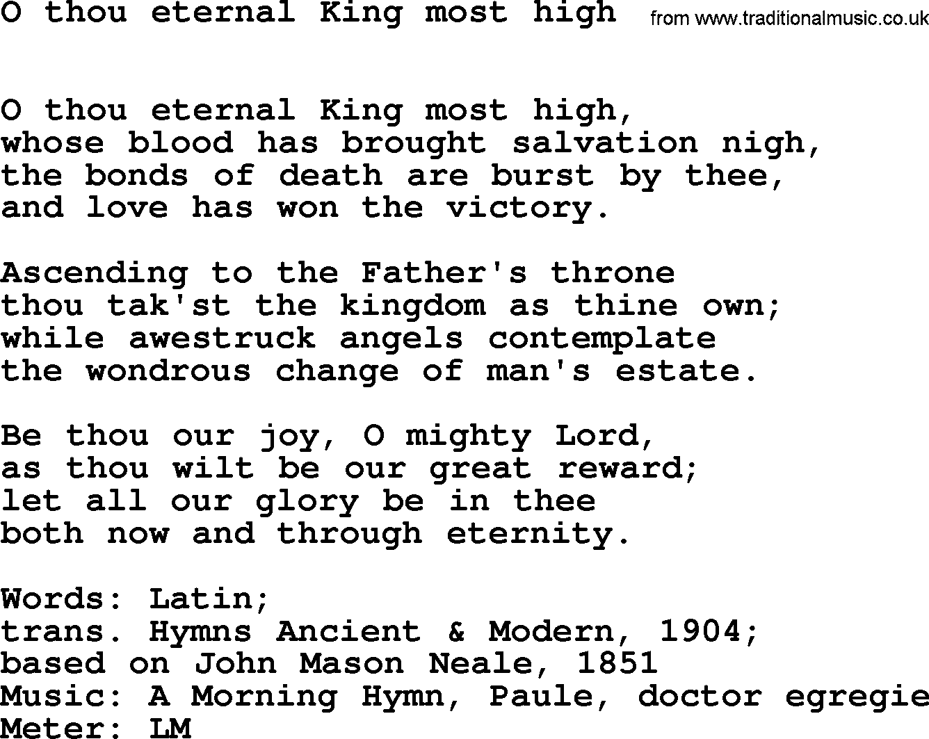 Hymns Ancient and Modern Hymn: O Thou Eternal King Most High, lyrics with midi music