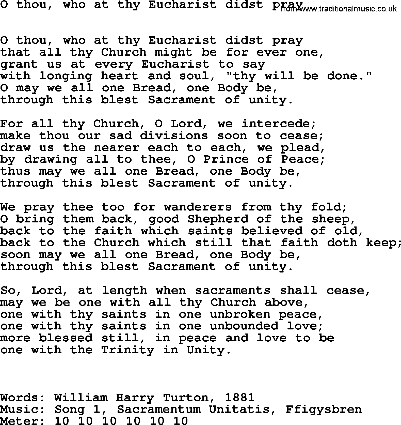 Hymns Ancient and Modern Hymn: O Thou, Who At Thy Eucharist Didst Pray, lyrics with midi music
