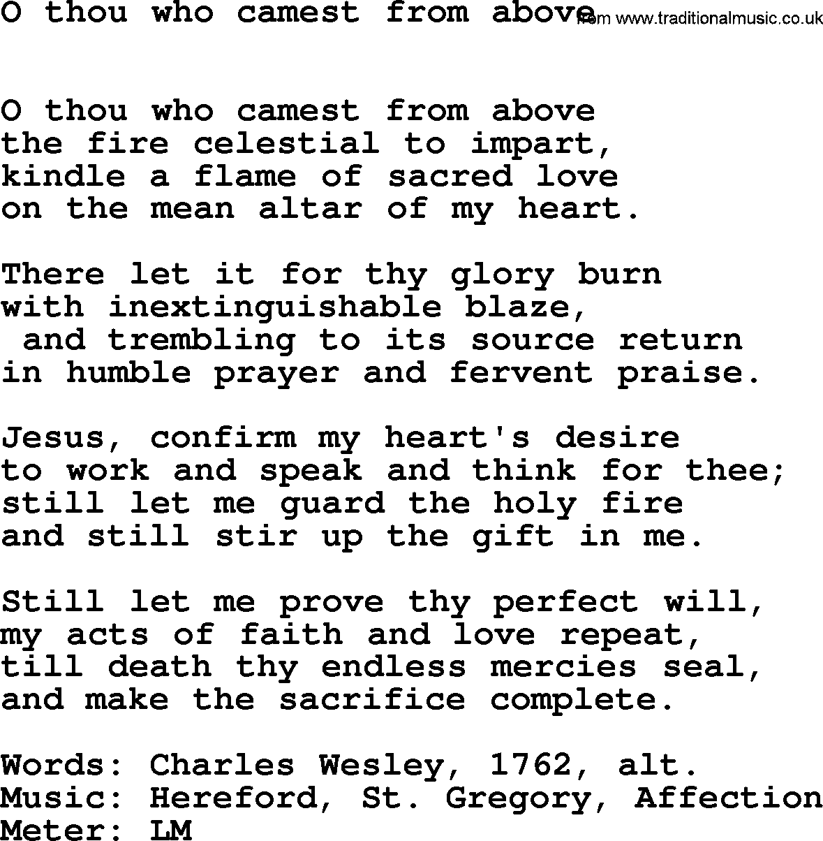 Hymns Ancient and Modern Hymn: O Thou Who Camest From Above, lyrics with midi music