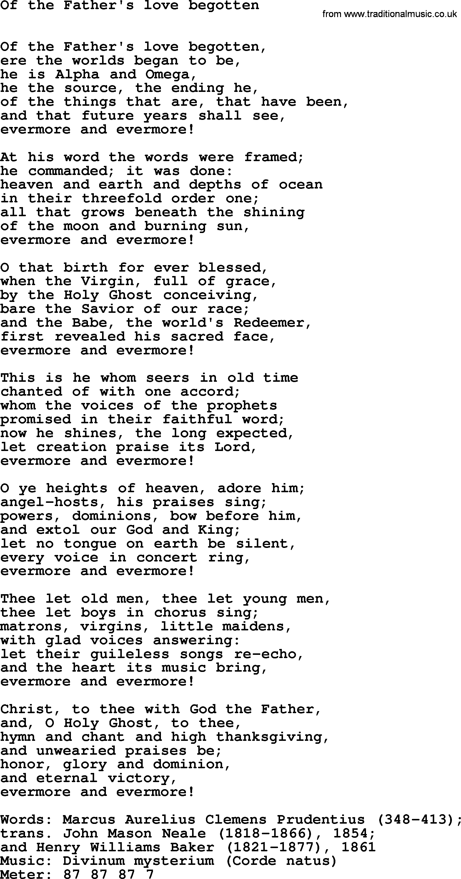 Hymns Ancient and Modern Hymn: Of The Father's Love Begotten, lyrics with midi music