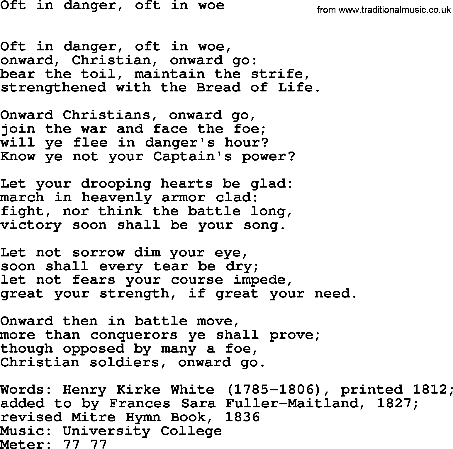 Hymns Ancient and Modern Hymn: Oft In Danger, Oft In Woe, lyrics with midi music