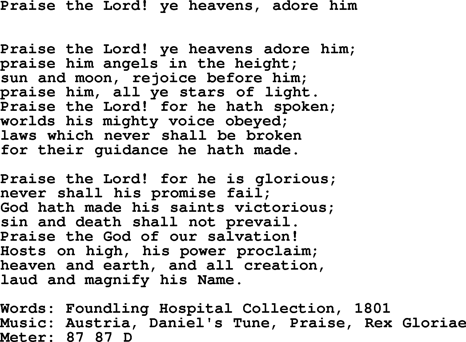 Hymns Ancient and Modern Hymn: Praise The Lord! Ye Heavens, Adore Him, lyrics with midi music