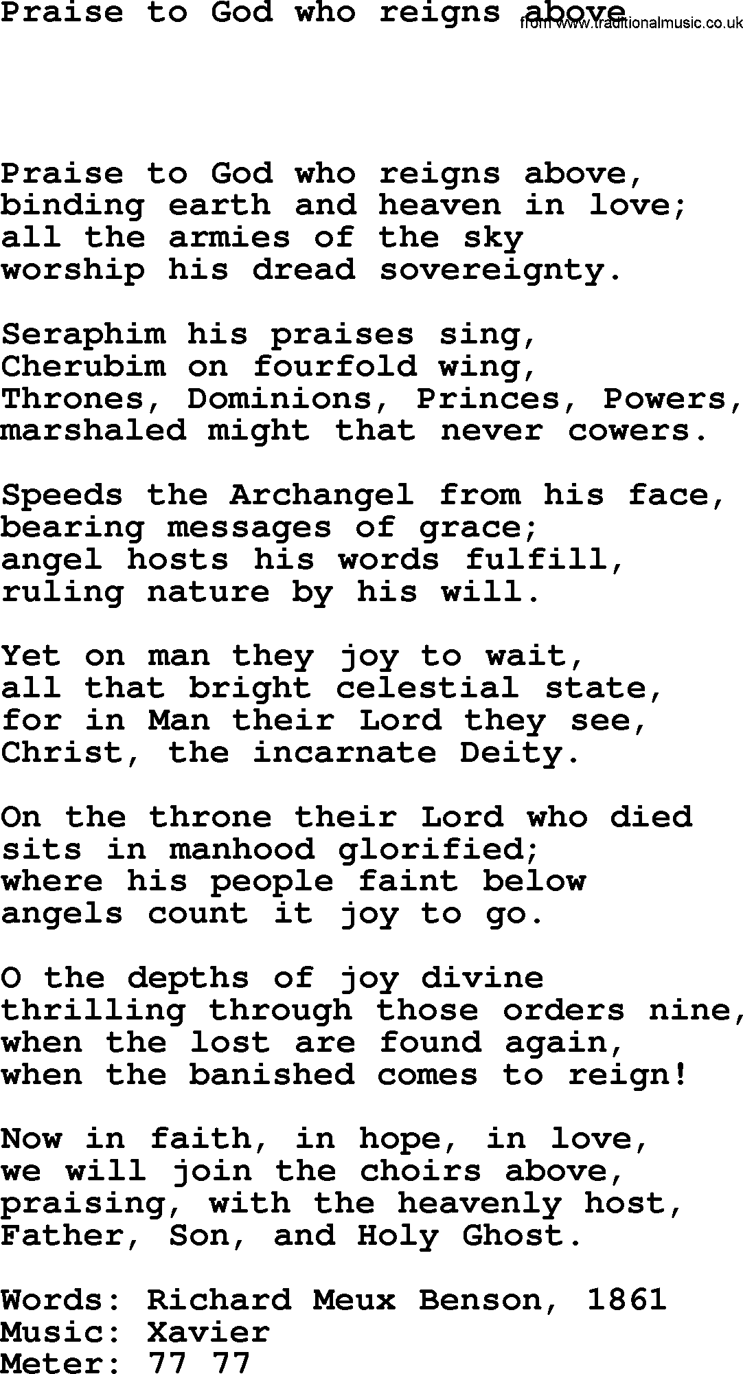 Hymns Ancient and Modern Hymn: Praise To God Who Reigns Above, lyrics with midi music