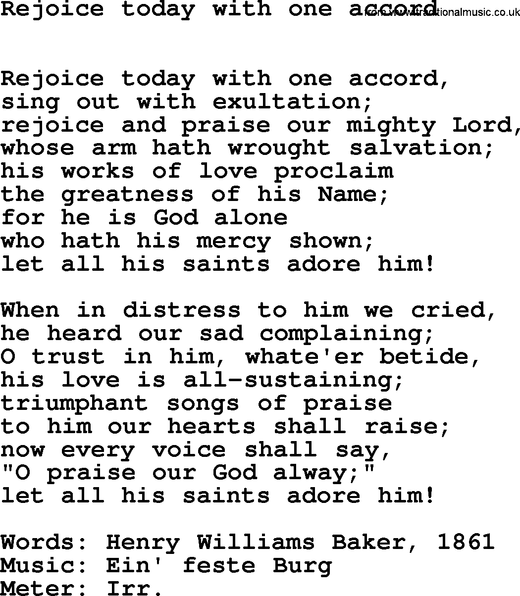 Hymns Ancient and Modern Hymn: Rejoice Today With One Accord, lyrics with midi music