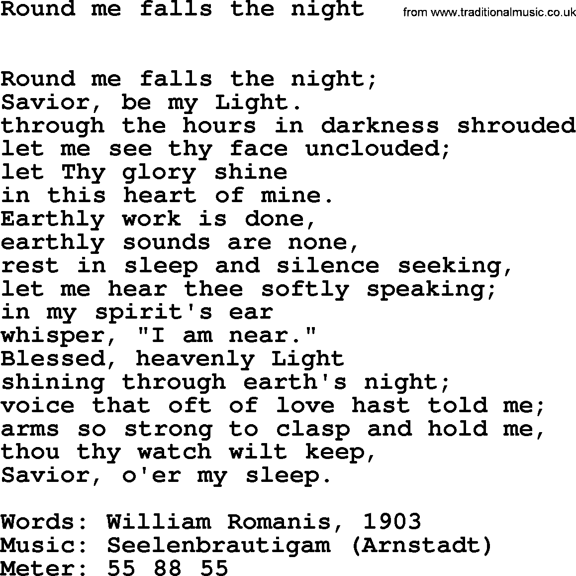 Hymns Ancient and Modern Hymn: Round Me Falls The Night, lyrics with midi music