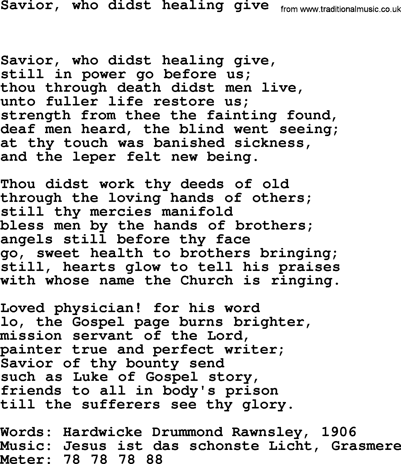 Hymns Ancient and Modern Hymn: Savior, Who Didst Healing Give, lyrics with midi music
