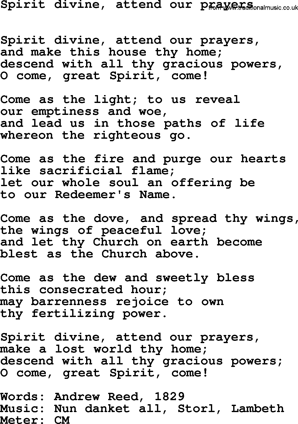 Hymns Ancient and Modern Hymn: Spirit Divine, Attend Our Prayers, lyrics with midi music