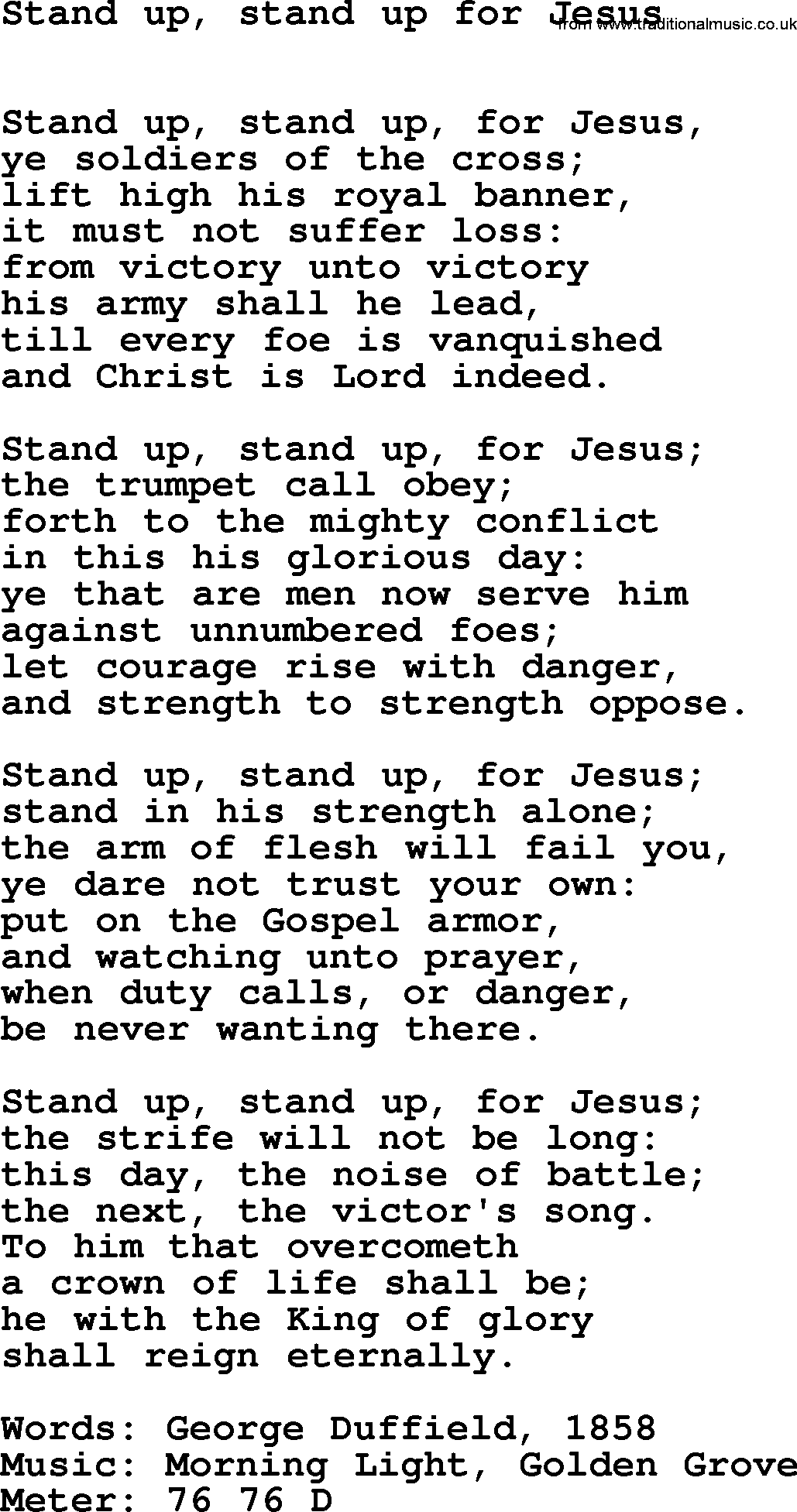 Hymns Ancient and Modern Hymn: Stand Up, Stand Up For Jesus, lyrics with midi music