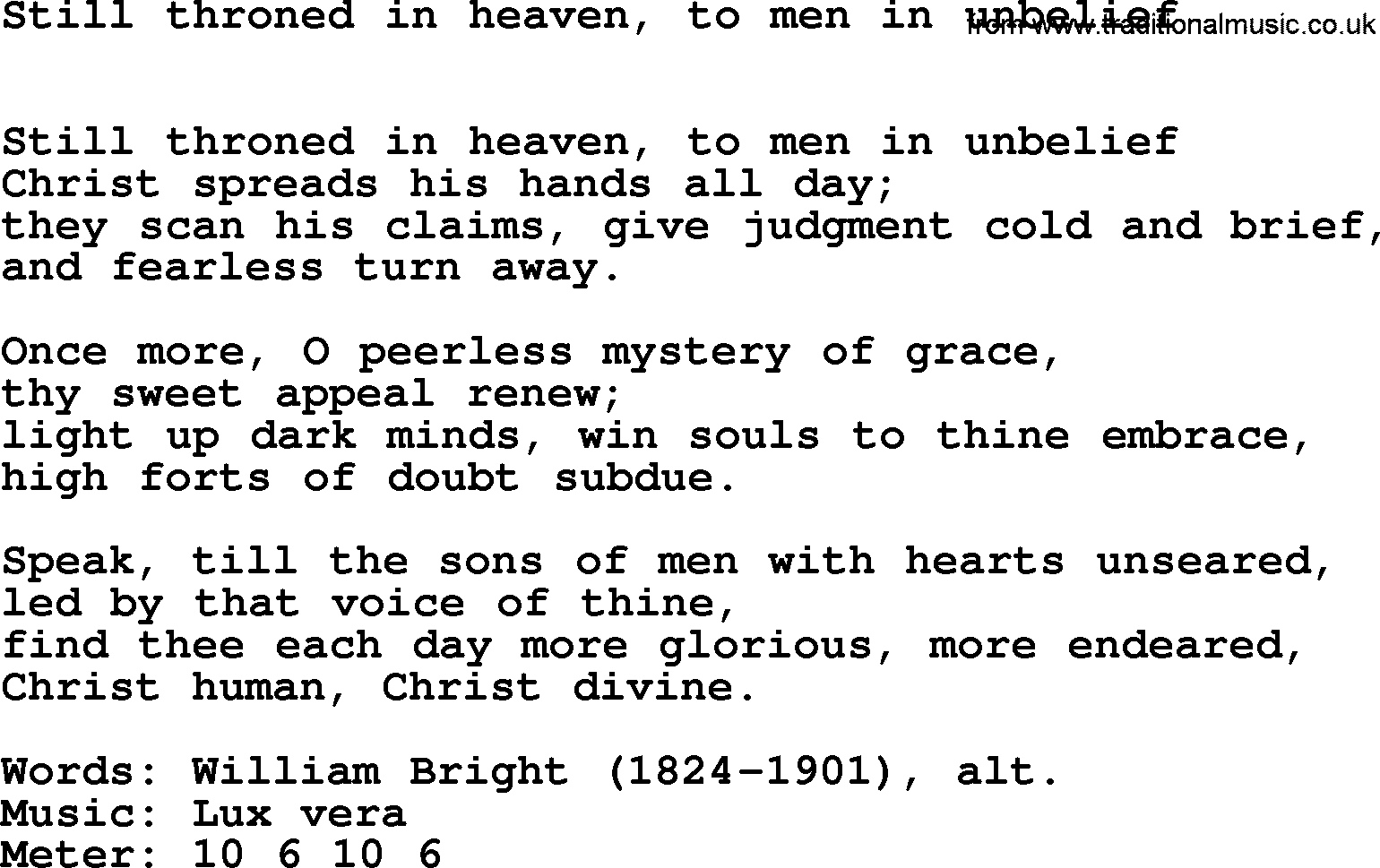 Hymns Ancient and Modern Hymn: Still Throned In Heaven, To Men In Unbelief, lyrics with midi music