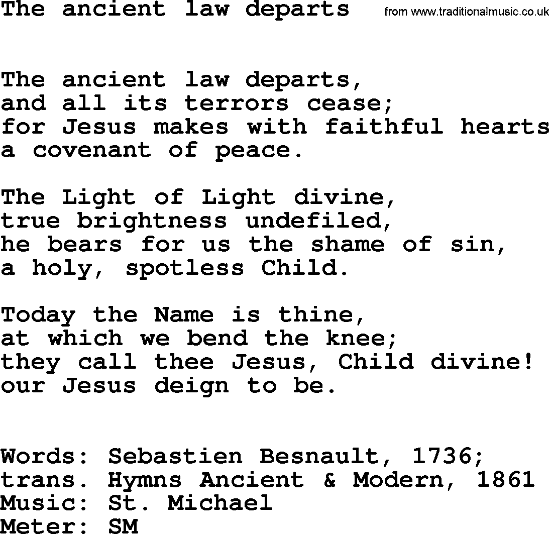 Hymns Ancient and Modern Hymn: The Ancient Law Departs, lyrics with midi music