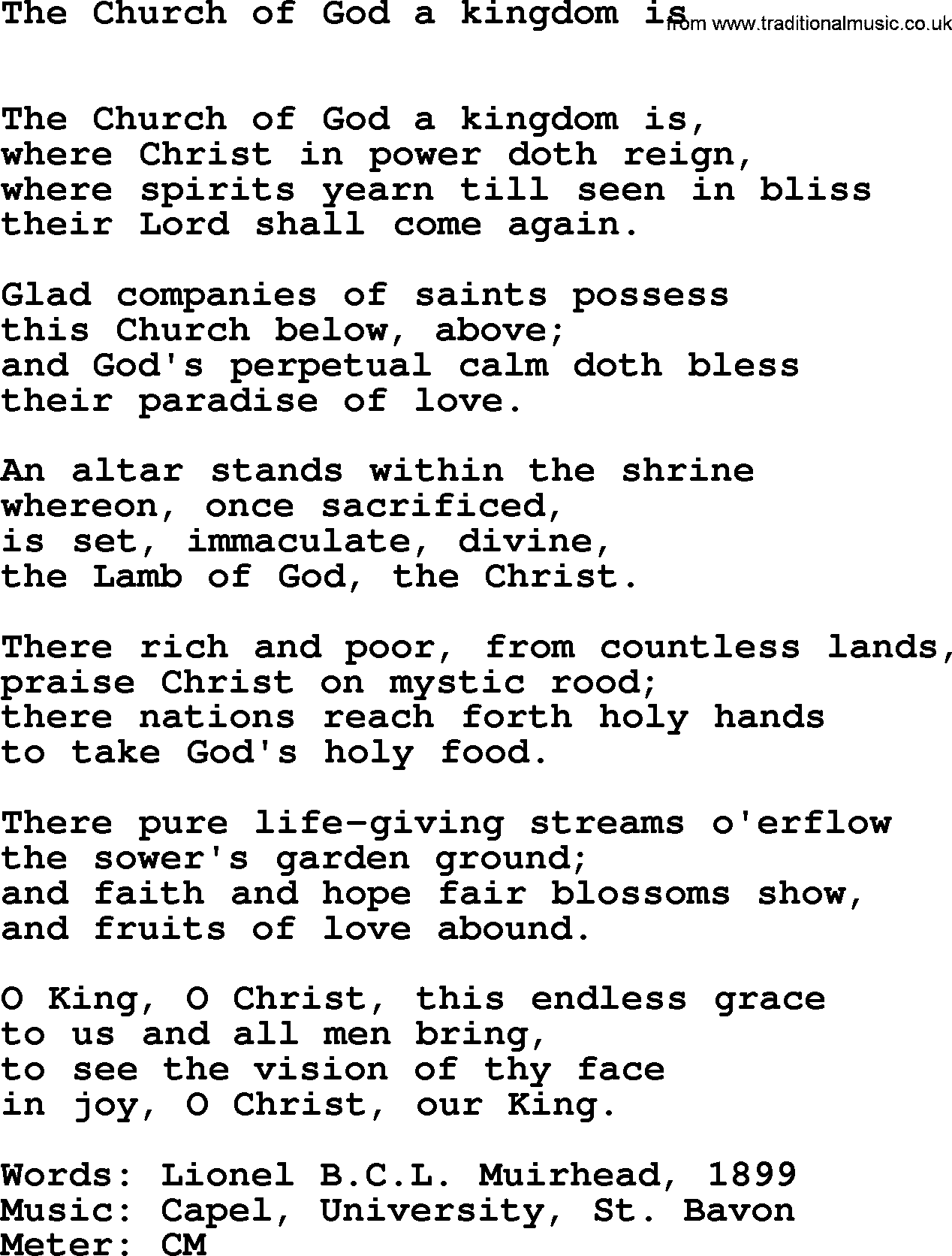 Hymns Ancient and Modern Hymn: The Church Of God A Kingdom Is, lyrics with midi music
