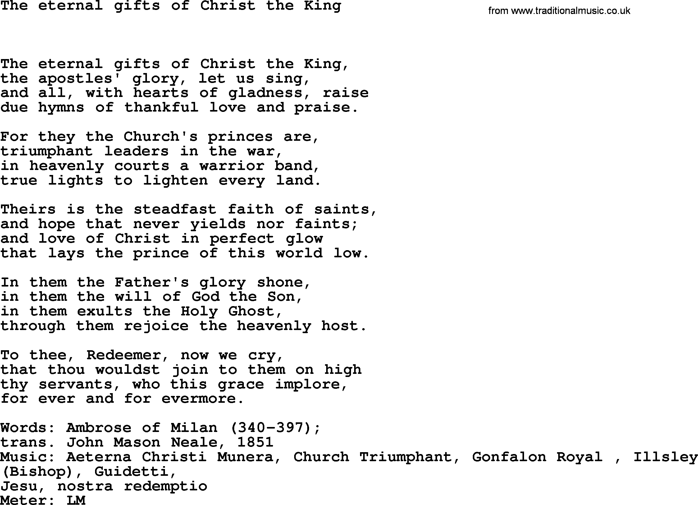 Hymns Ancient and Modern Hymn: The Eternal Gifts Of Christ The King, lyrics with midi music