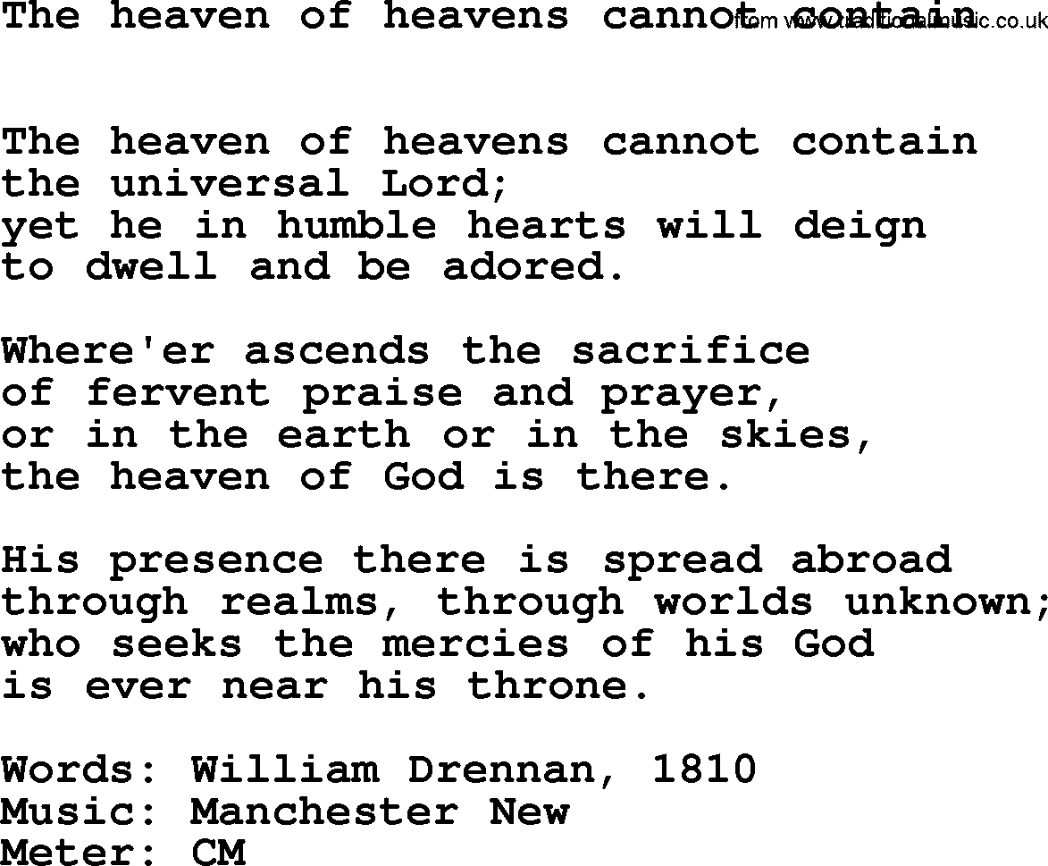 Hymns Ancient and Modern Hymn: The Heaven Of Heavens Cannot Contain, lyrics with midi music