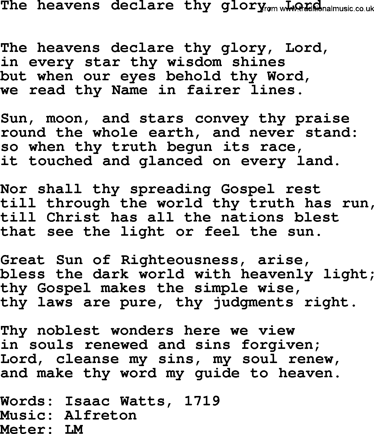 Hymns Ancient and Modern Hymn: The Heavens Declare Thy Glory, Lord, lyrics with midi music