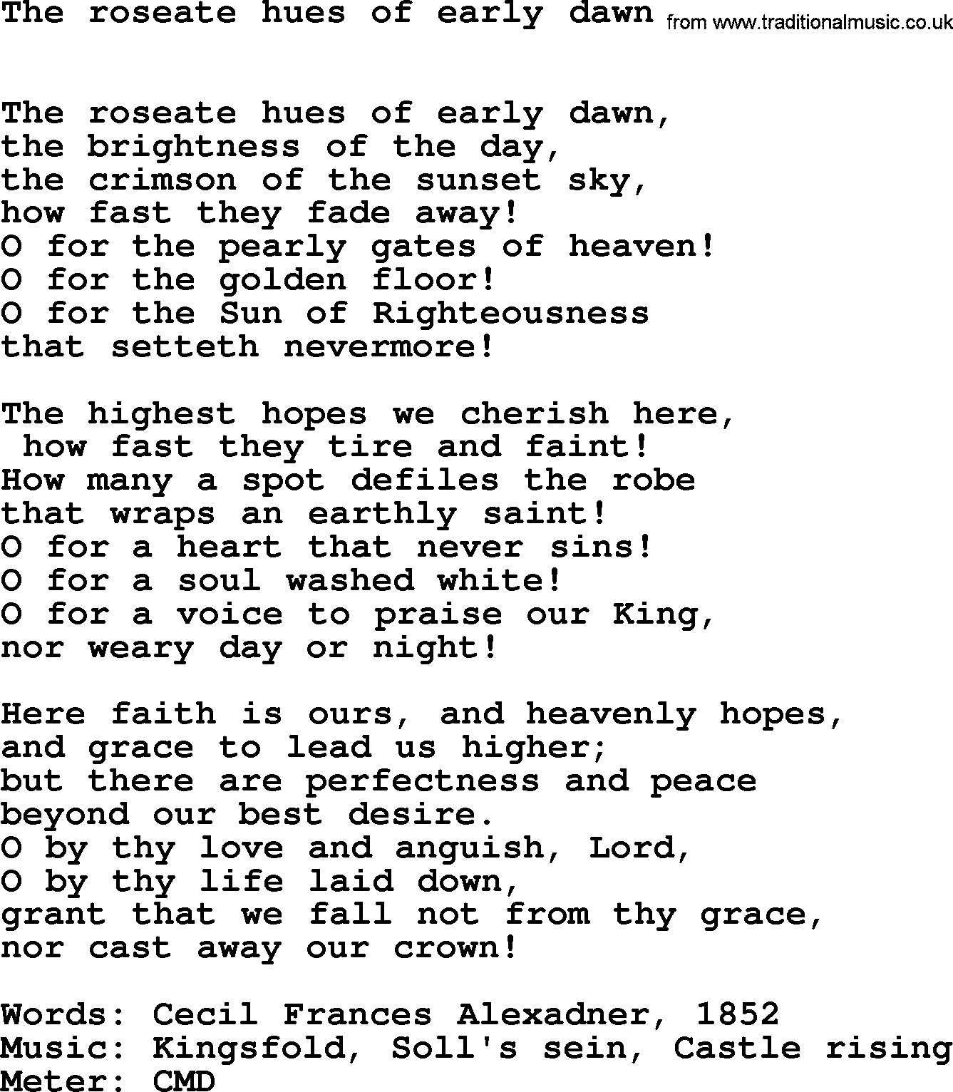 Hymns Ancient and Modern Hymn: The Roseate Hues Of Early Dawn, lyrics with midi music