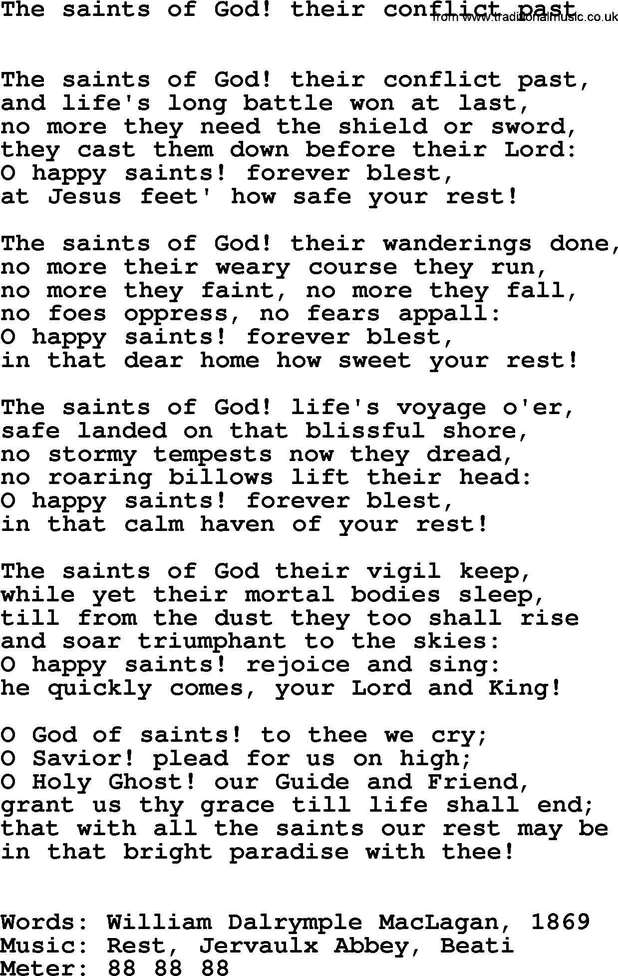 Hymns Ancient and Modern Hymn: The Saints Of God! Their Conflict Past, lyrics with midi music